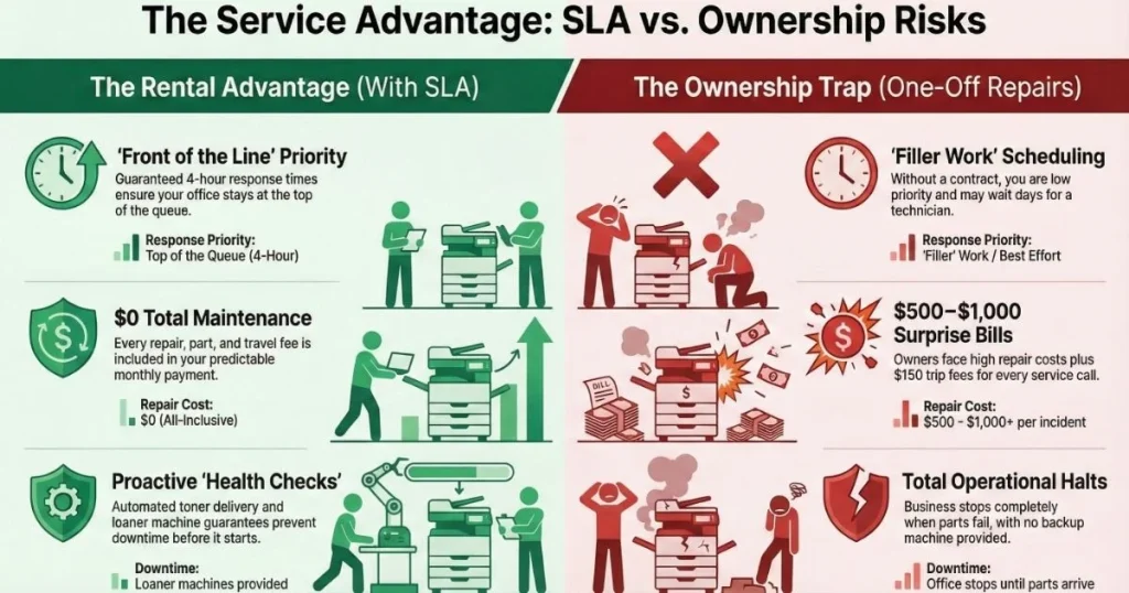 Comparison chart for Des Moines offices showing rental benefits like 4-hour response times versus ownership risks like $1,000 repair bills.