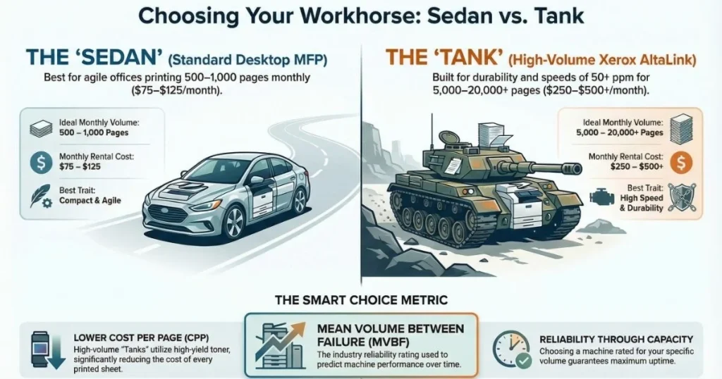A visual comparison for Des Moines business owners between compact desktop MFPs and high-volume Xerox AltaLink "tanks" based on monthly page volume.