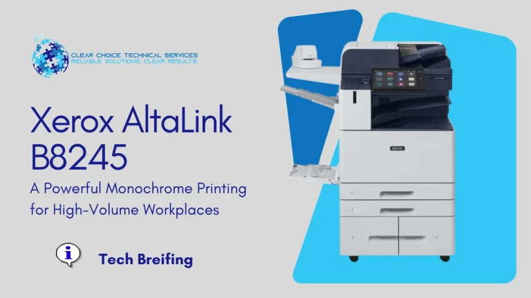 Xerox AltaLink B8245 black-and-white multifunction printer with high-capacity tandem tray and touchscreen at 2600 Grand Ave, Des Moines, IA