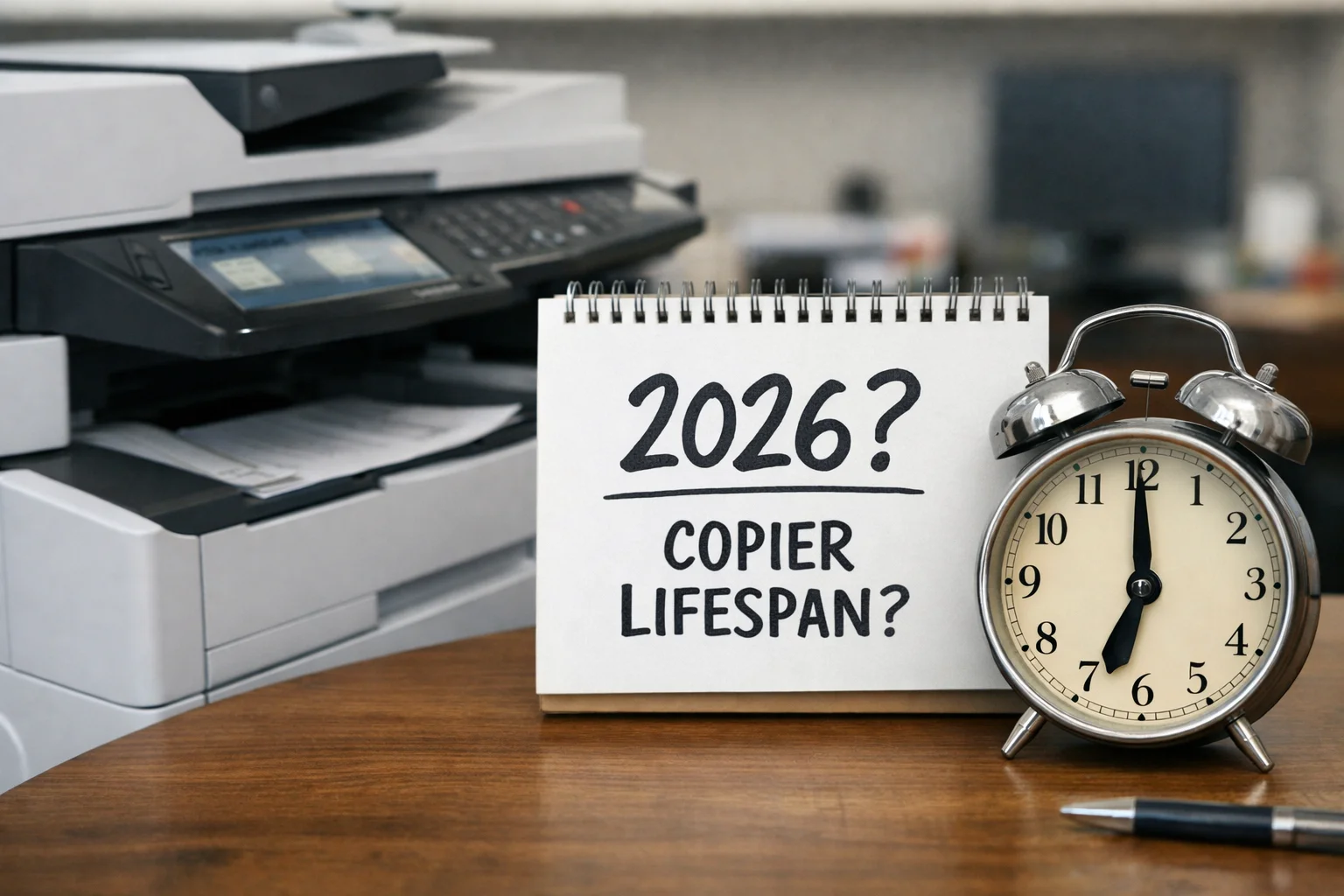 A desktop calendar and alarm clock next to a modern office copier questioning the average machine lifespan for Des Moines businesses in 2026.