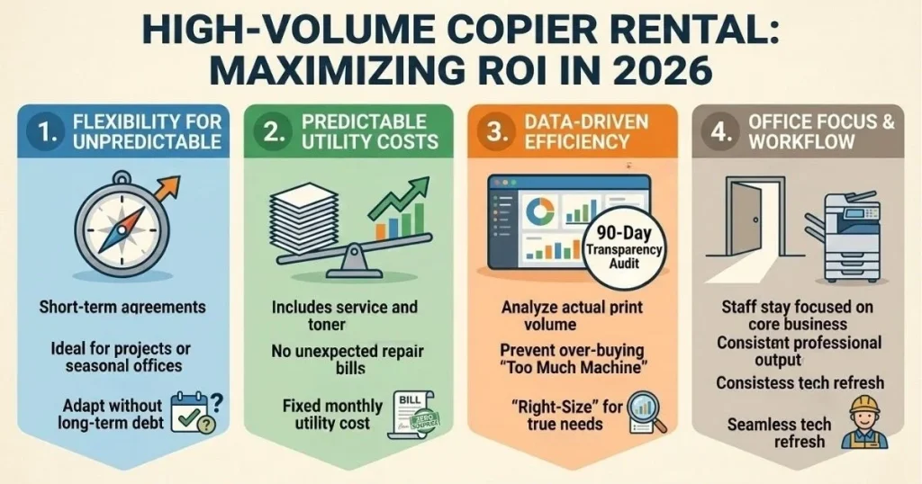 Four-step guide to maximizing ROI and managing Copier Rental Cost in Des Moines through 90-day transparency audits and data-driven efficiency.