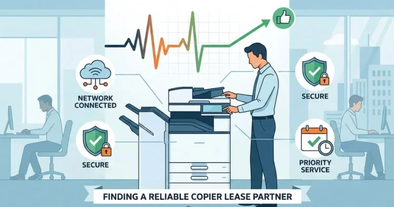 A professional technician providing a Reliable Copier Lease in Des Moines, featuring 4-hour SLAs, secure network connectivity, and priority service.
