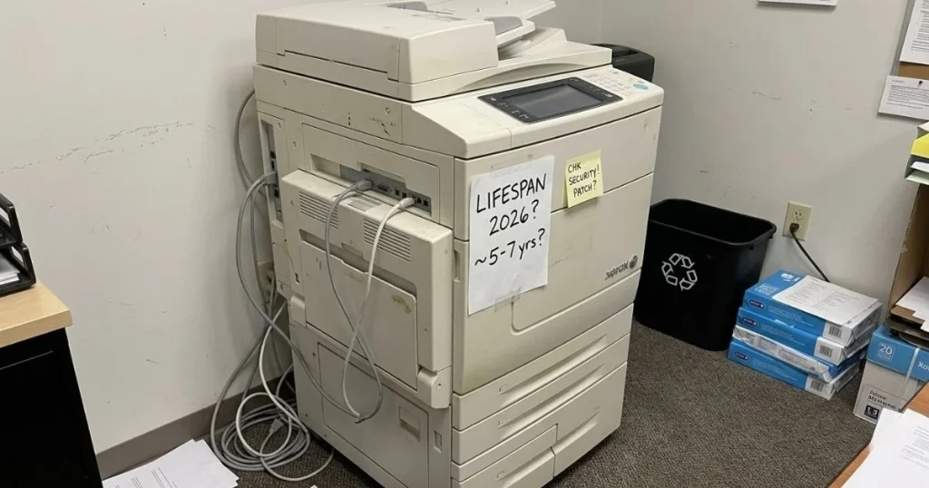 An older Xerox copier in a Des Moines office corner with a handwritten note regarding its 2026 lifespan and security patch requirements.