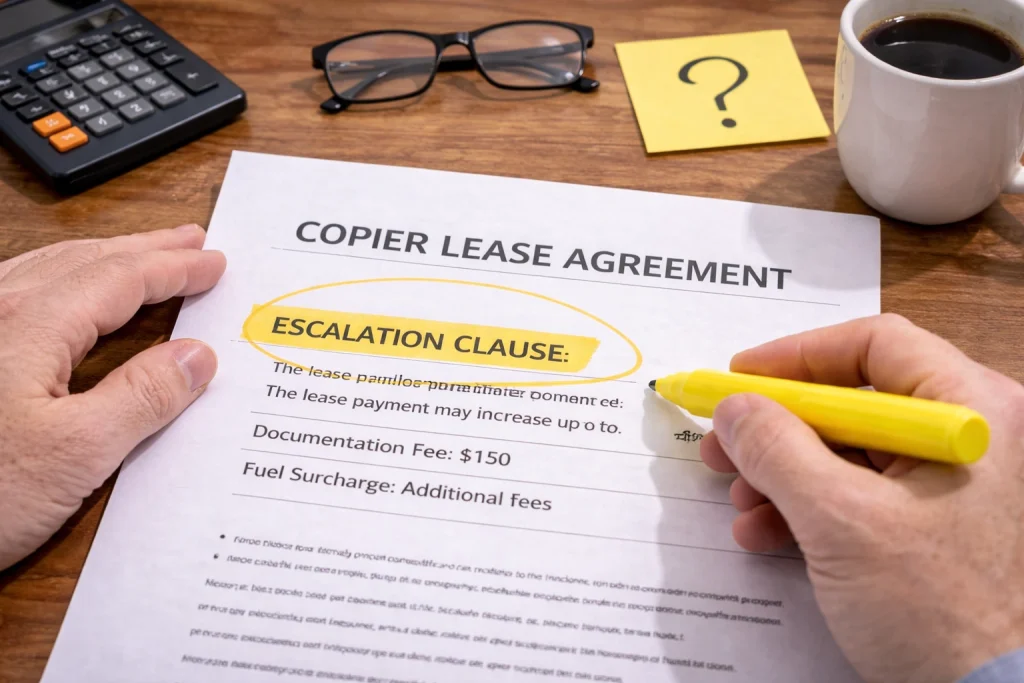 Hand highlighting a clause in a Des Moines Copier Lease Agreement to ensure all terms are understood.