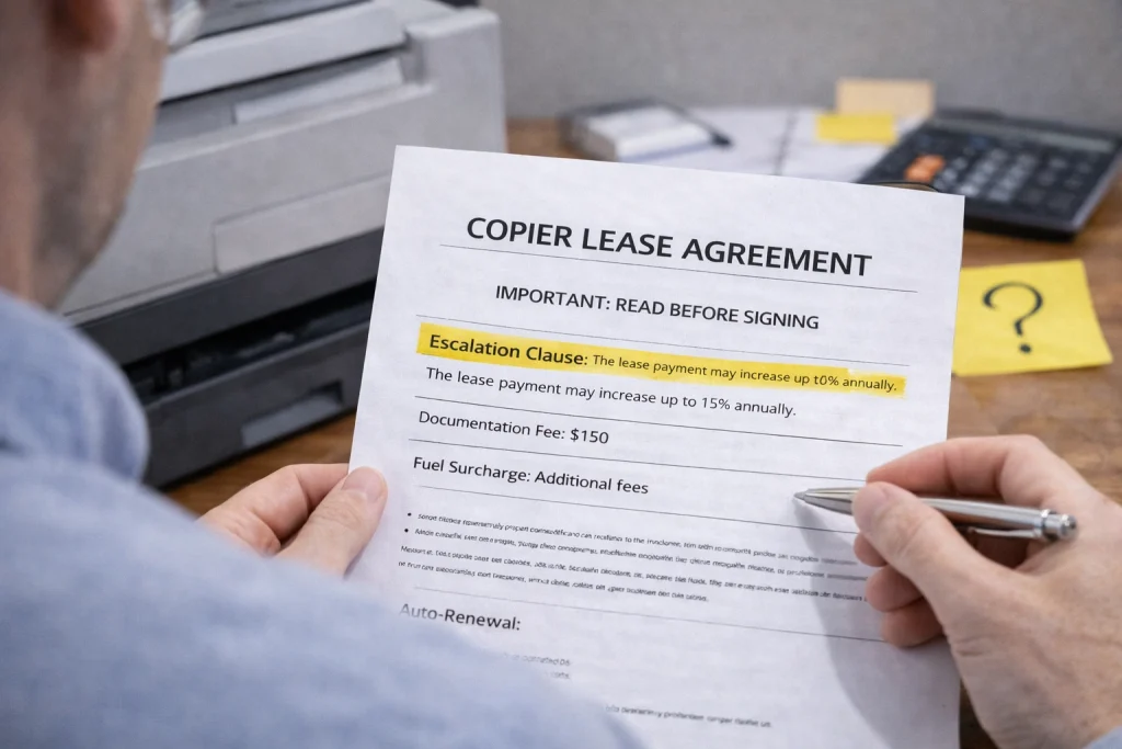 Person reviewing the "Important: Read Before Signing" section of Des Moines Copier Lease Agreements.