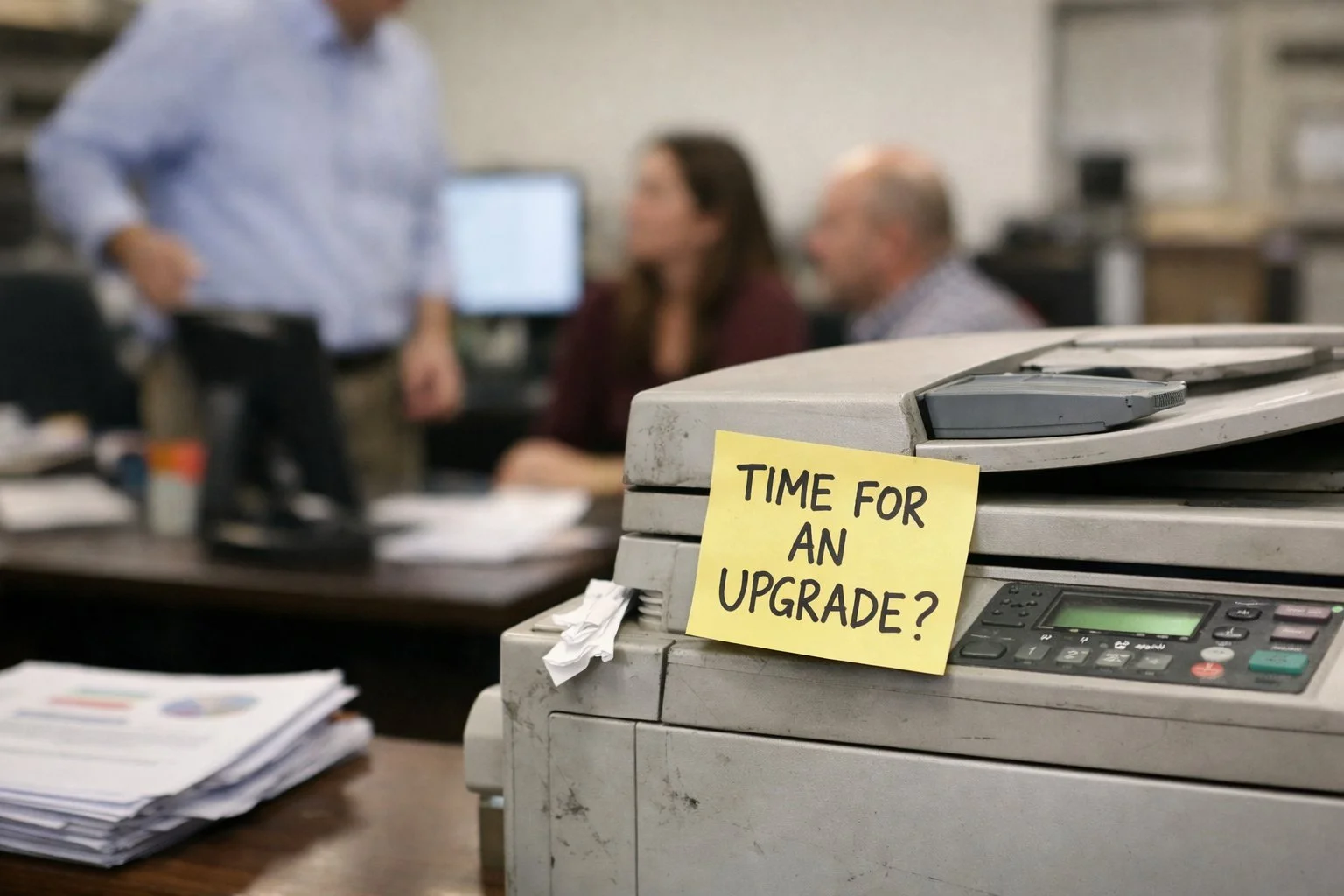 A dusty office printer with a yellow sticky note asking "Time for an upgrade?" in a Des Moines office.