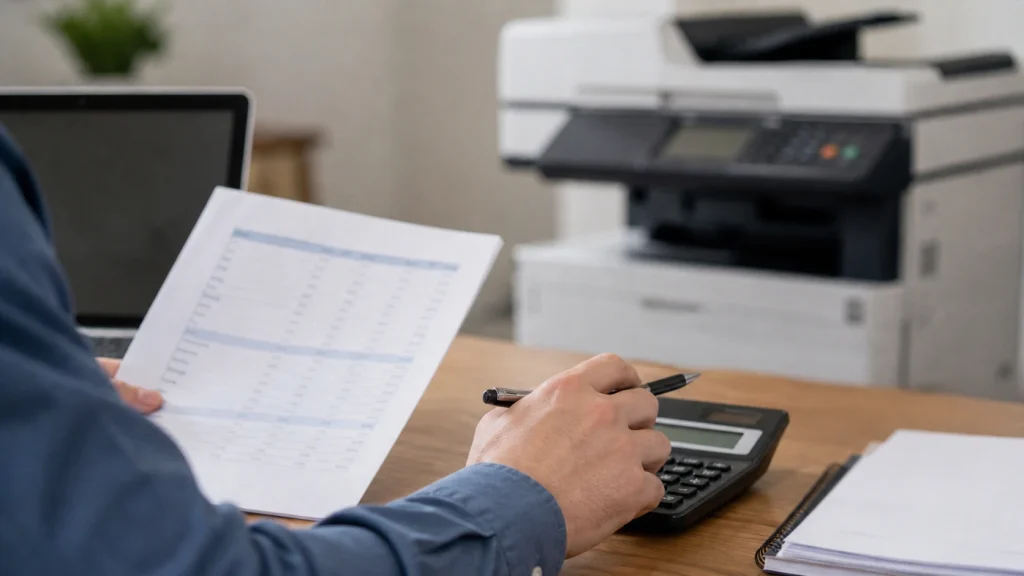 A small business owner using a calculator to determine Des Moines copier lease costs.