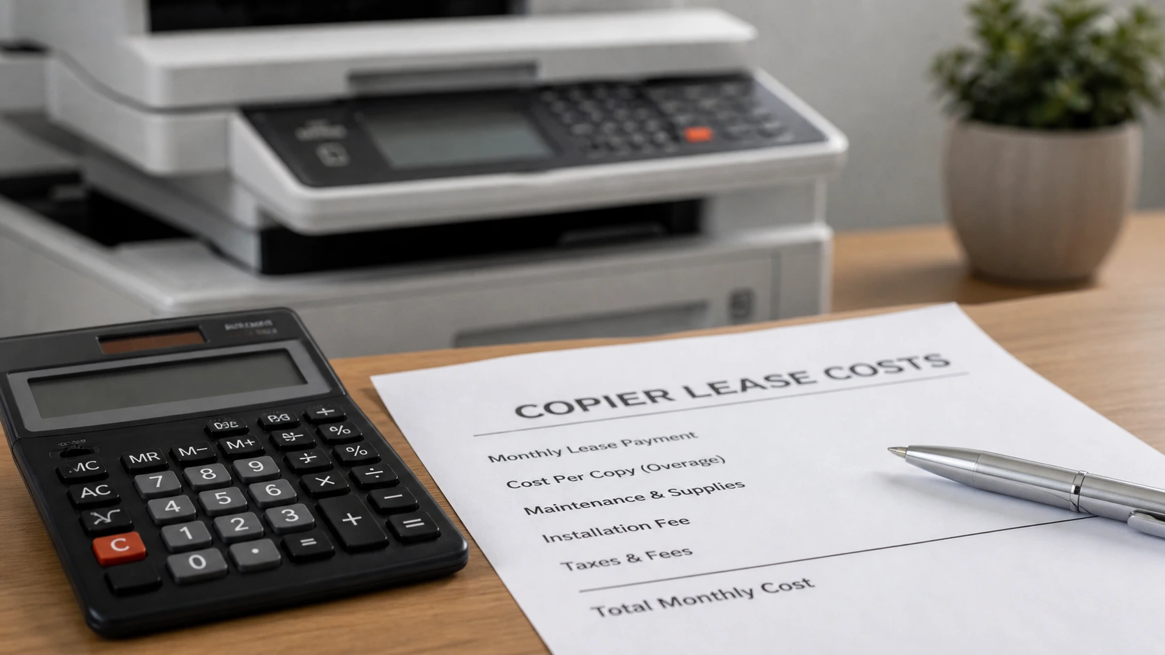 A document on a desk listing Des Moines copier lease costs including maintenance and fees.