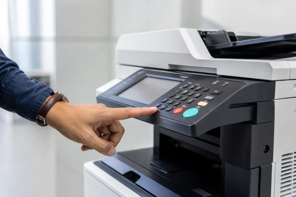A person operating an office printer to manage Des Moines copier lease costs.