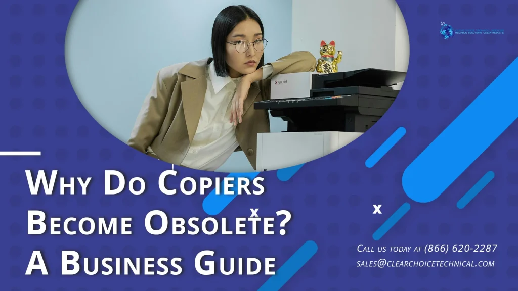 Woman leaning on an outdated Kyocera office copier in Des Moines illustrating signs of copier obsolescence