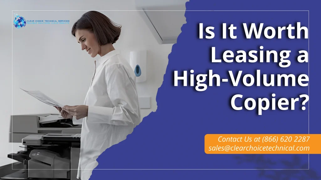 Des Moines professional reviewing printed output beside a high-volume copier to evaluate lease savings