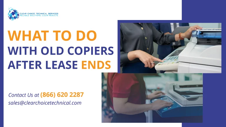 Promotional banner asking "WHAT TO DO WITH OLD COPIERS AFTER LEASE ENDS" with two photos of employees operating equipment.