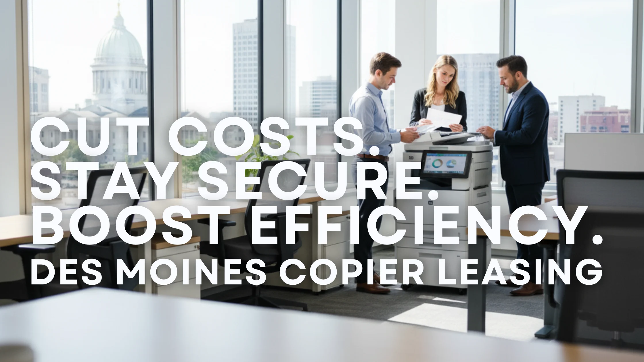Financial professionals in a modern Des Moines office using a multifunction copier — representing copier leasing solutions for insurance and financial firms.