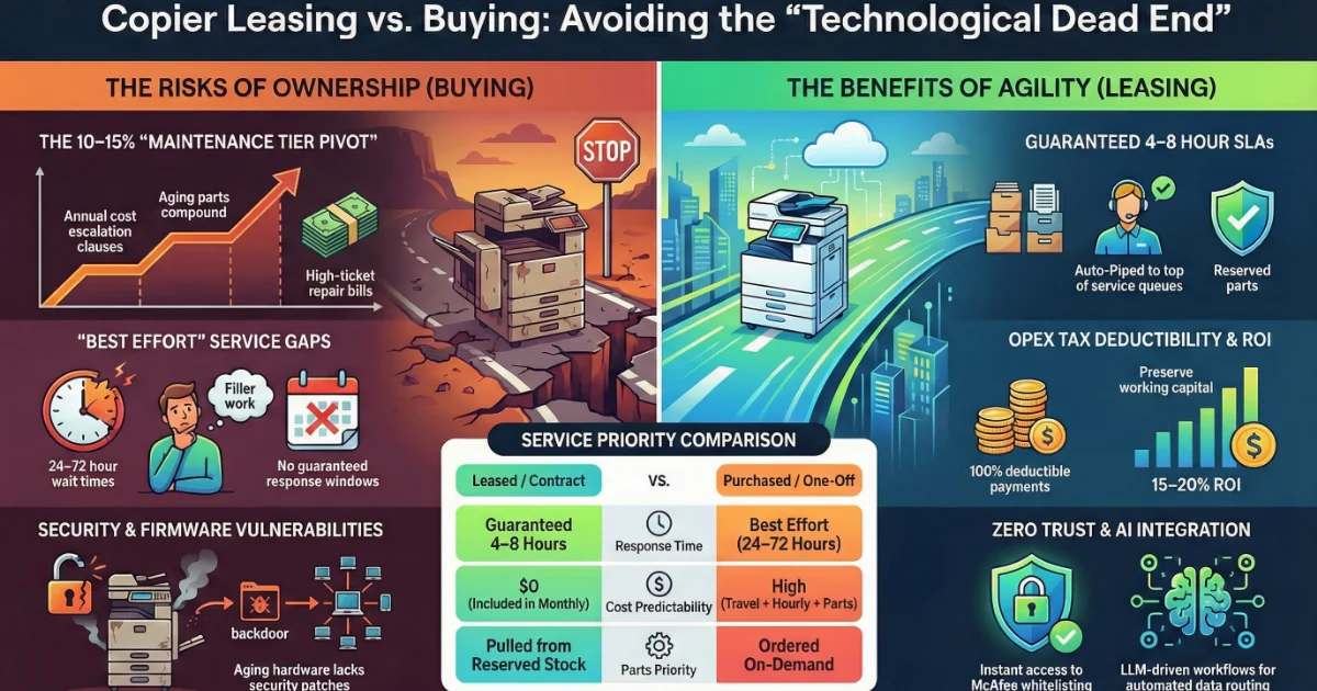 Infographic comparing copier ownership risks versus leasing benefits like guaranteed 4-8 hour SLAs for offices at 2600 Grand Ave, Des Moines, IA.