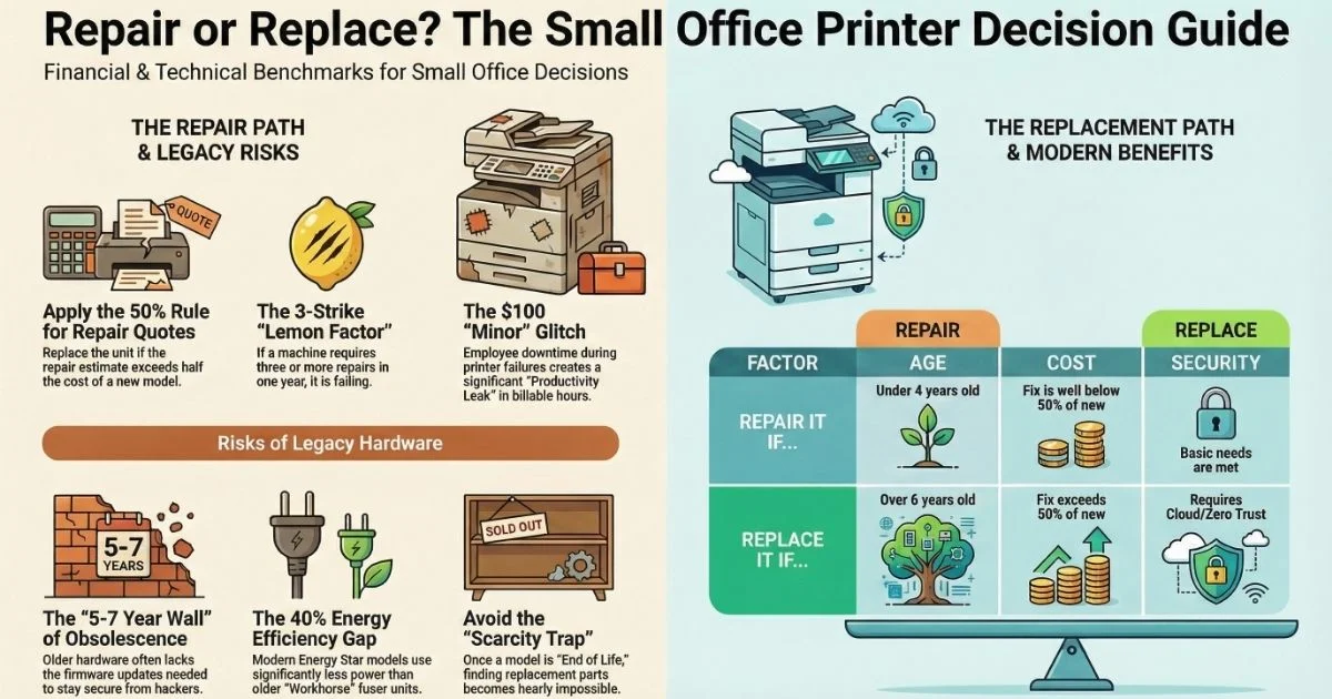 Visual guide for Des Moines offices deciding on Printer Repair, featuring the 50% rule, 3-strike lemon factor, and legacy hardware risks.