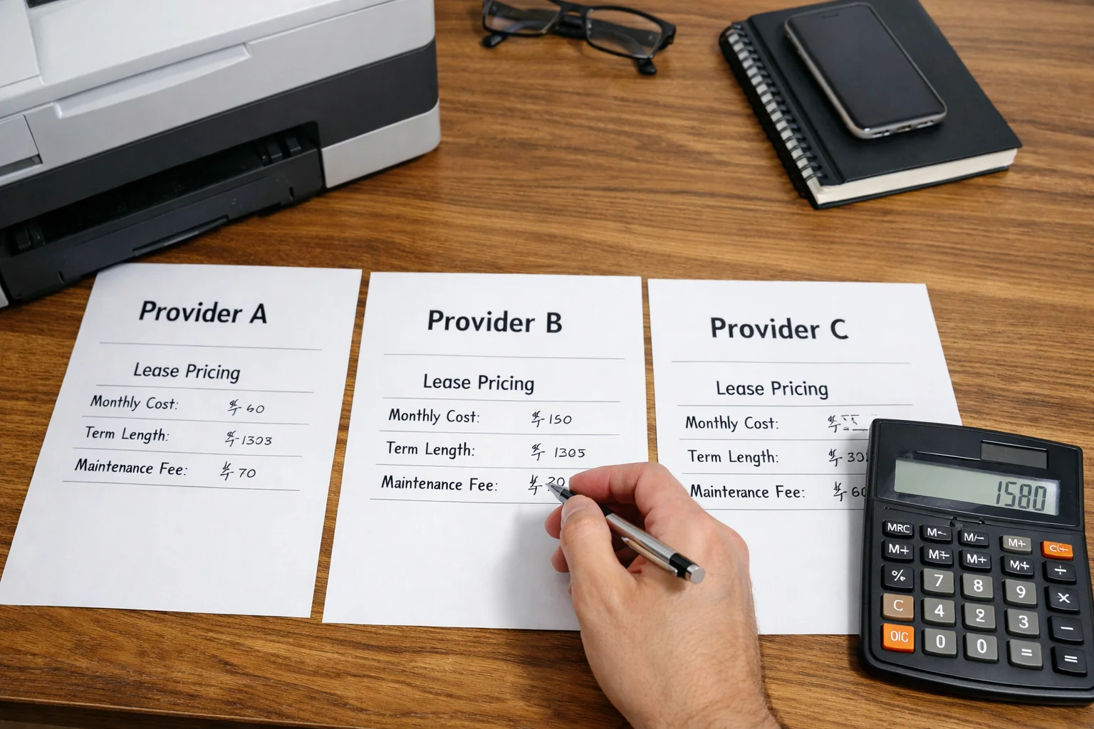 A business professional in Des Moines comparing copier lease pricing quotes from three different providers with a calculator and office hardware.